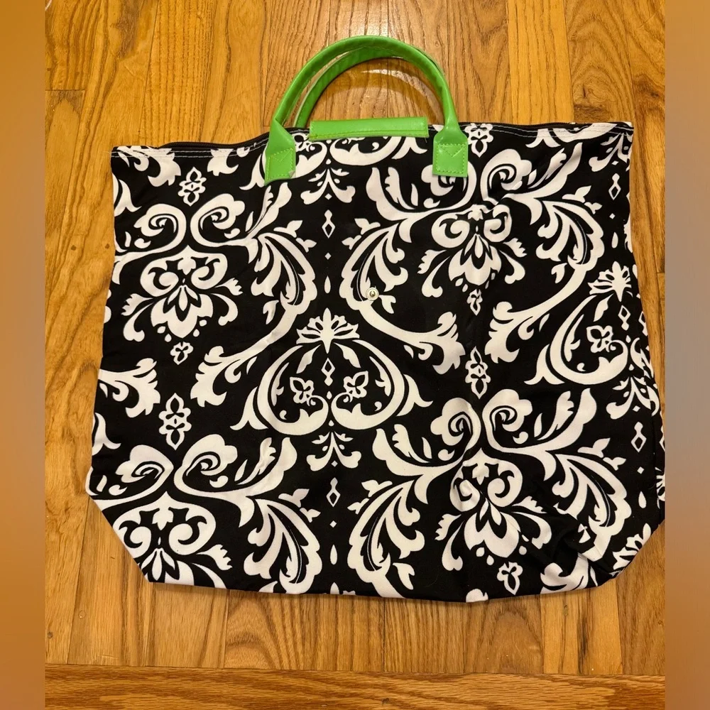 Black Damask Expandable Tote with Green Accents - Picture 2 of 5